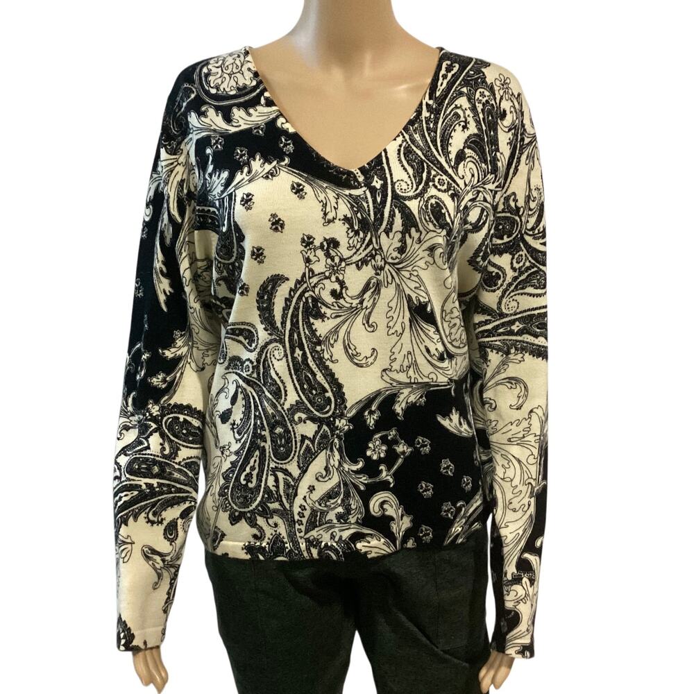 Kate Hill merino wool black and white paisley V-neck sweater size L